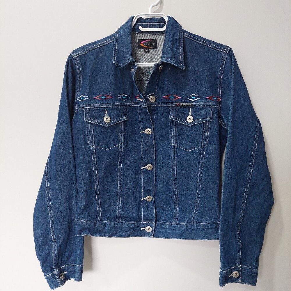 President Stone Denim Jacket Women’s  Boho Aztec Embroidery Dark Wash, Size M